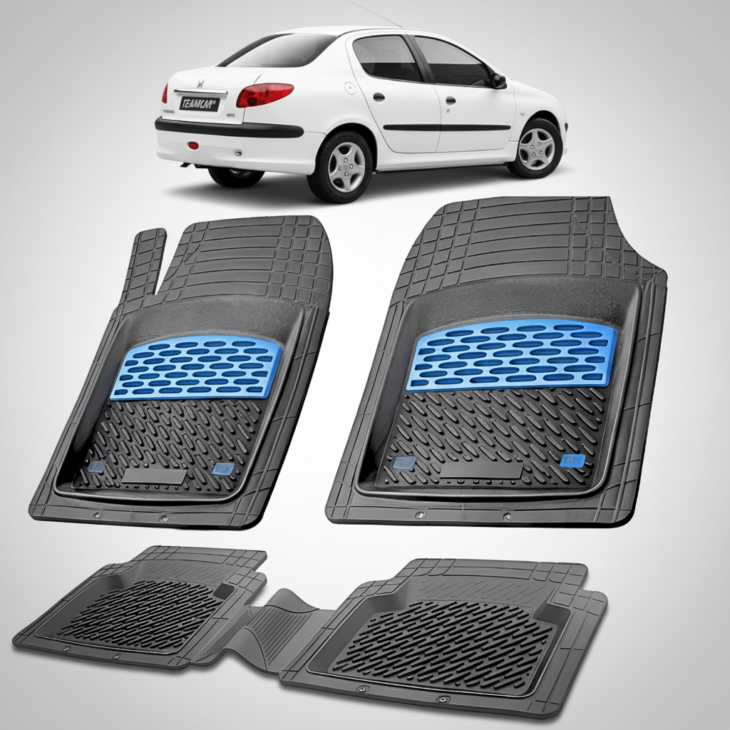 Set of car floor mats with blue accents on a white background, with a car partially visible.