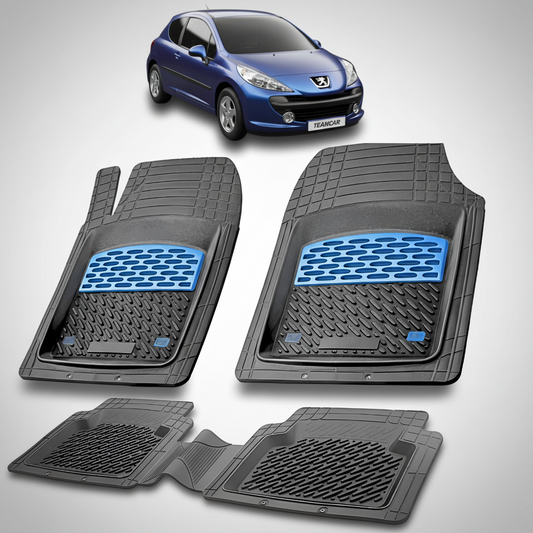 Set of car floor mats with blue accents on a white background, featuring a blue car.
