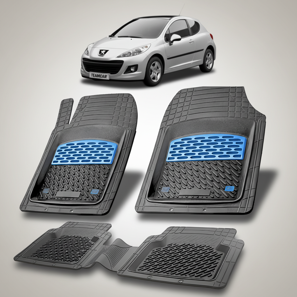 Set of car floor mats with blue accents on a white background, featuring a small inset of a silver car.