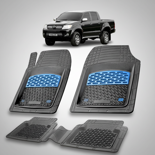 Set of black car floor mats with blue accents on a white background, featuring a Toyota Hilux.