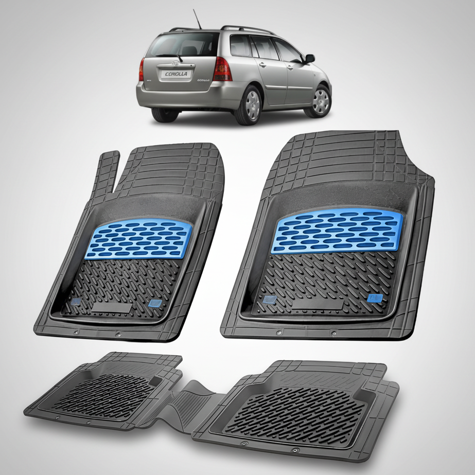 Set of car floor mats with blue accents on a white background, shown with a silver car.