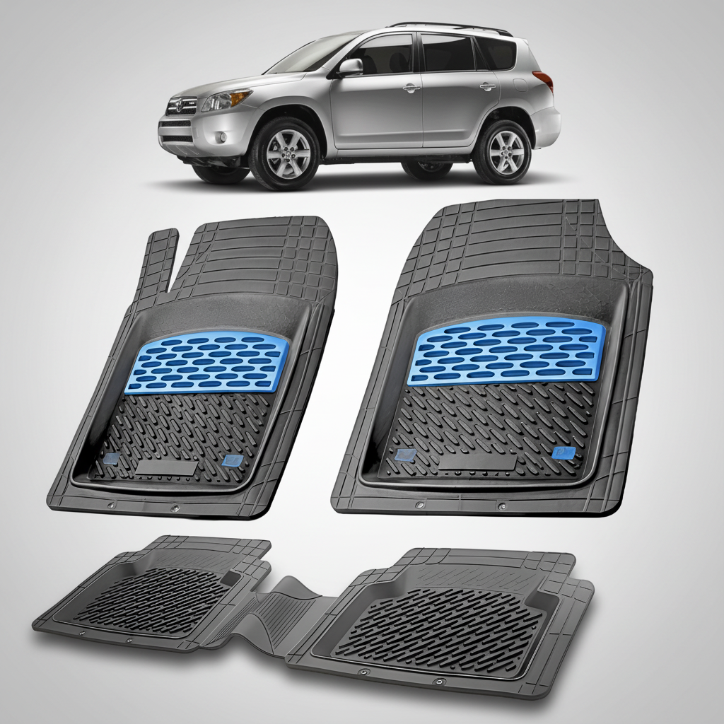 Set of black car floor mats with blue accents on a white background, featuring a silver SUV.