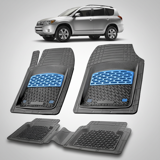 Set of black car floor mats with blue accents on a white background, featuring a silver SUV.