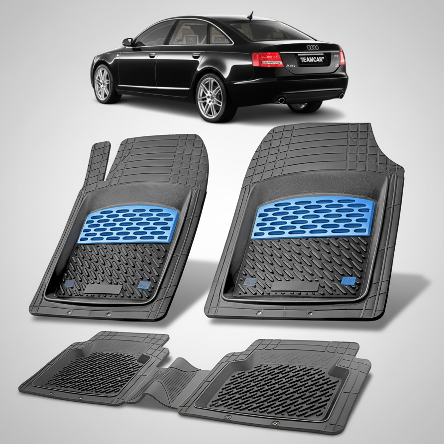 Set of car floor mats with a black Audi car in the background