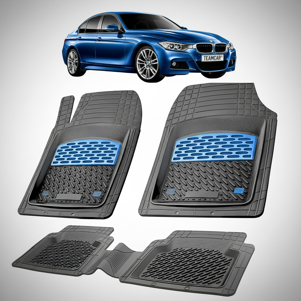 Set of car floor mats with a blue BMW car in the background