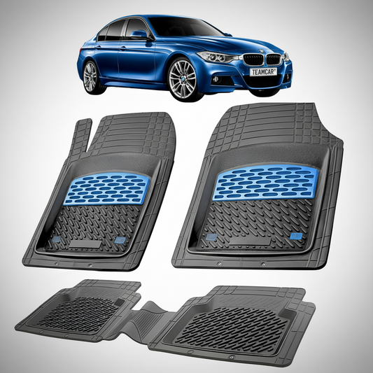 Set of car floor mats with a blue BMW car in the background