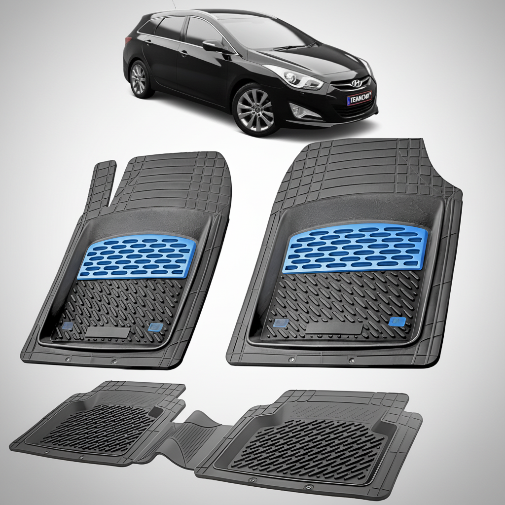 Set of car floor mats with a black car in the background
