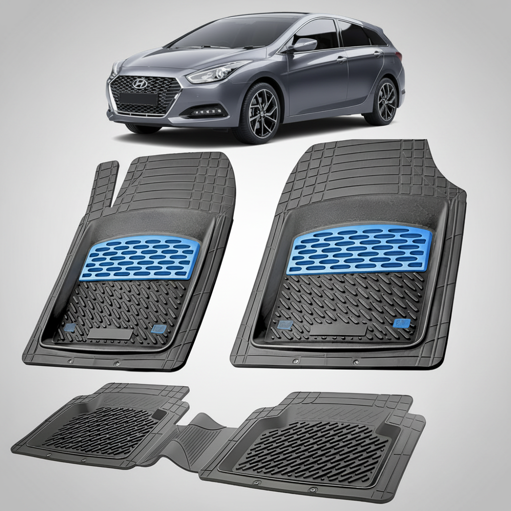 Set of car floor mats with a Hyundai car in the background