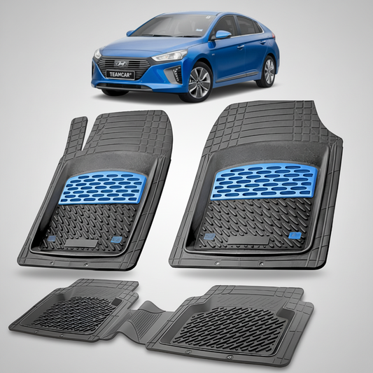 Set of car floor mats with a blue Hyundai car in the background