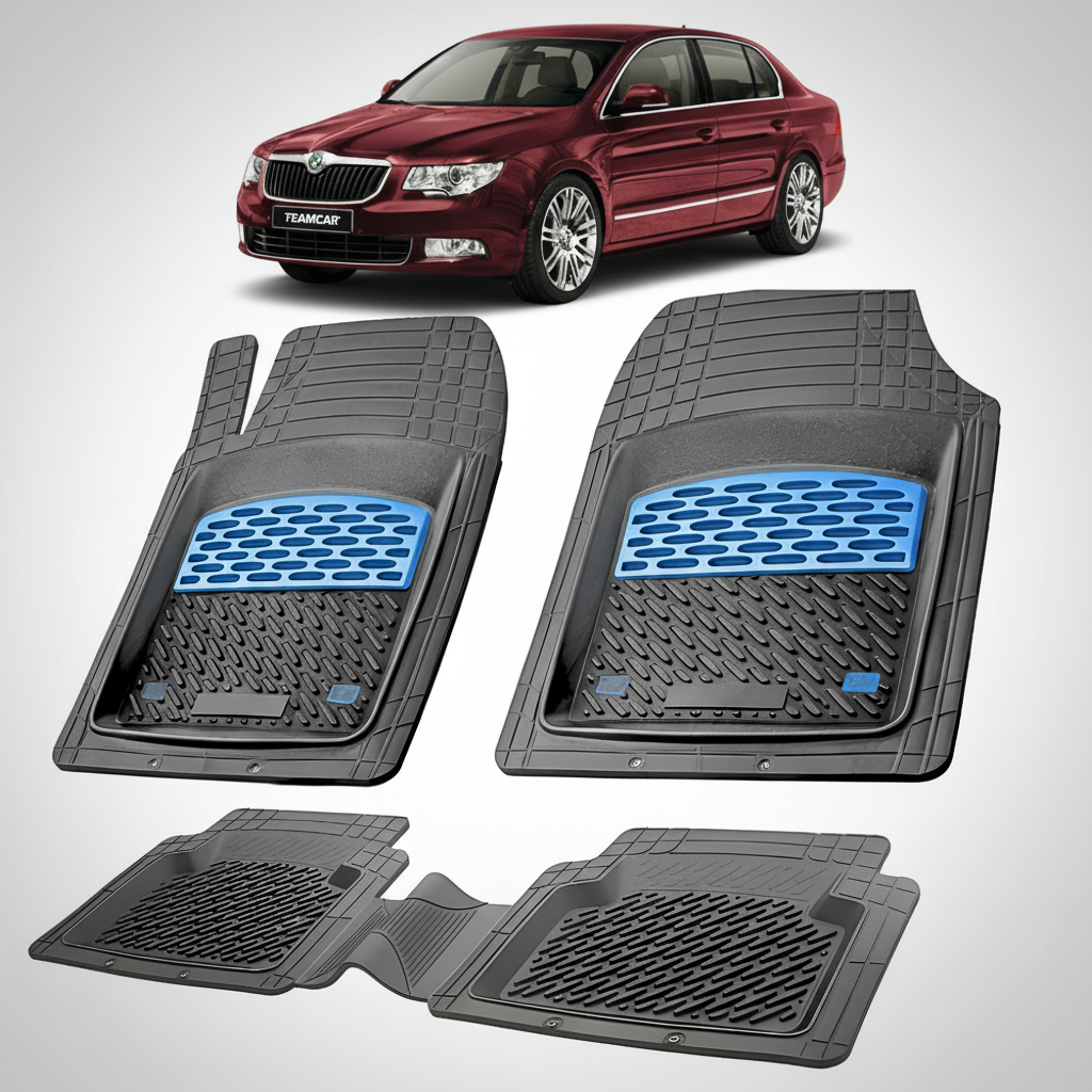 Set of car floor mats with a red car in the background