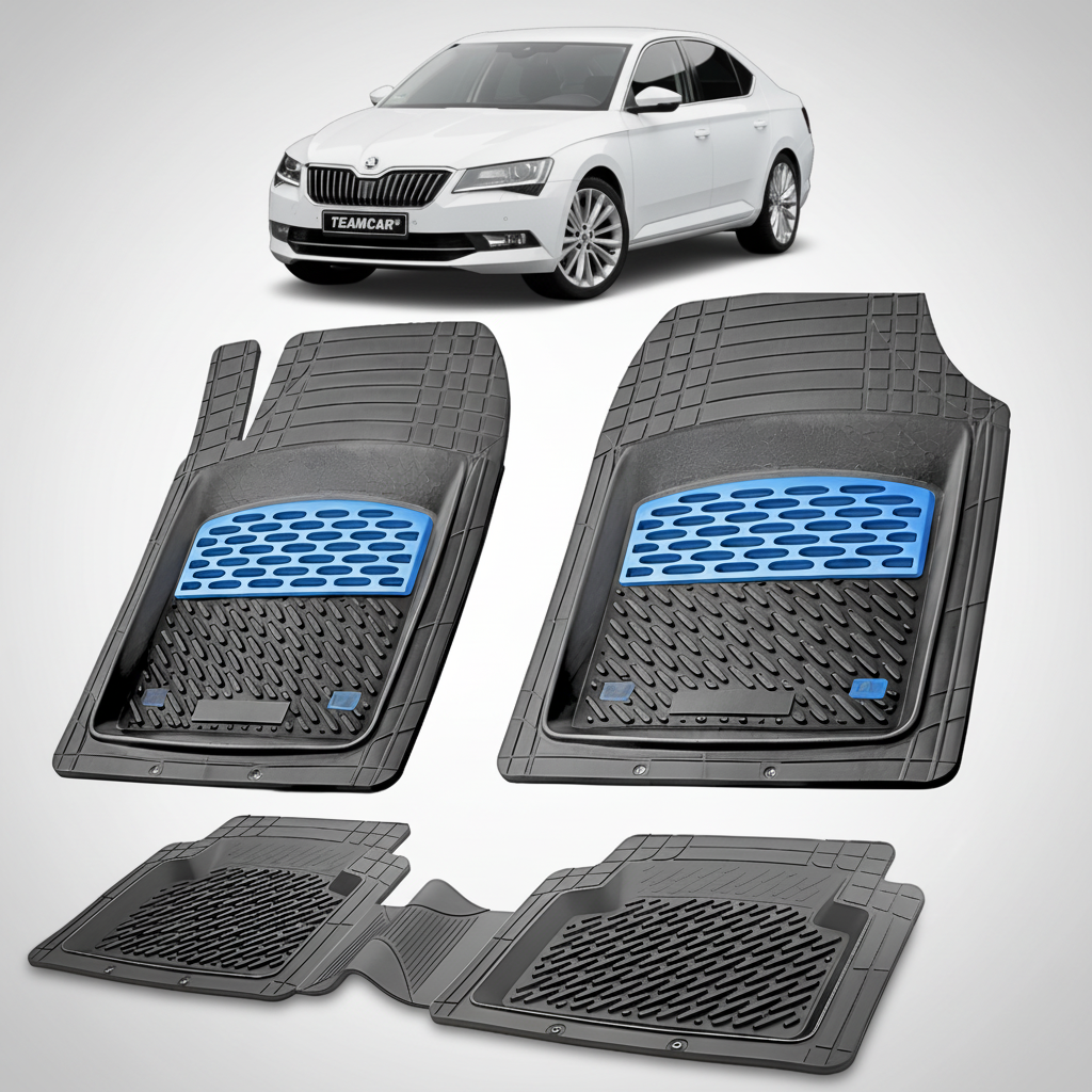 Set of car floor mats with a white car in the background