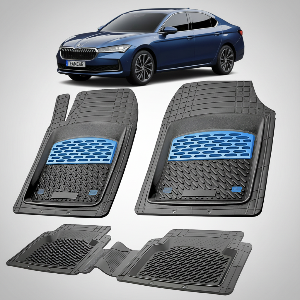 Set of car floor mats with a blue logo on a white background, featuring a blue car.