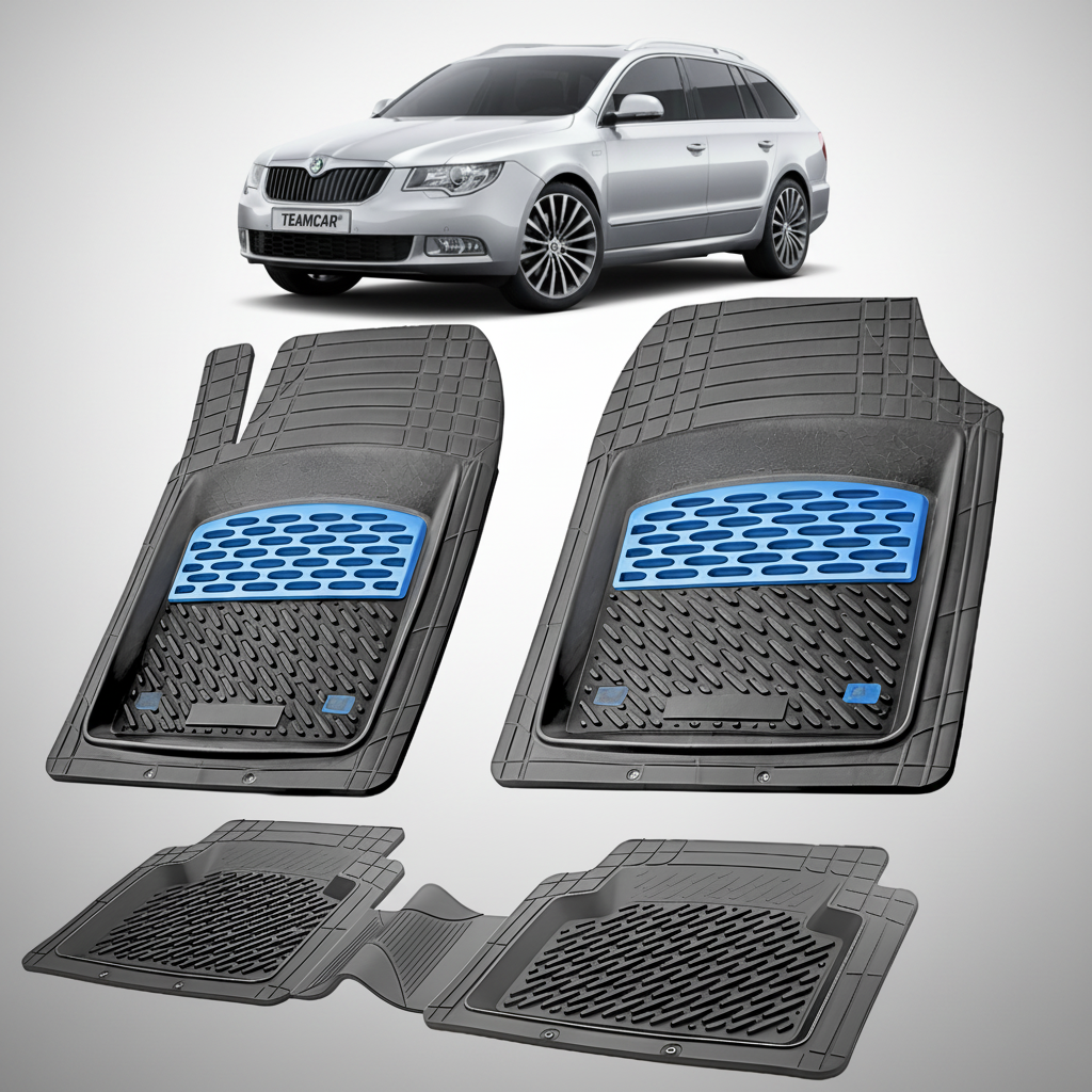 Set of car floor mats with a blue pattern on a white background, featuring a car model in the corner.