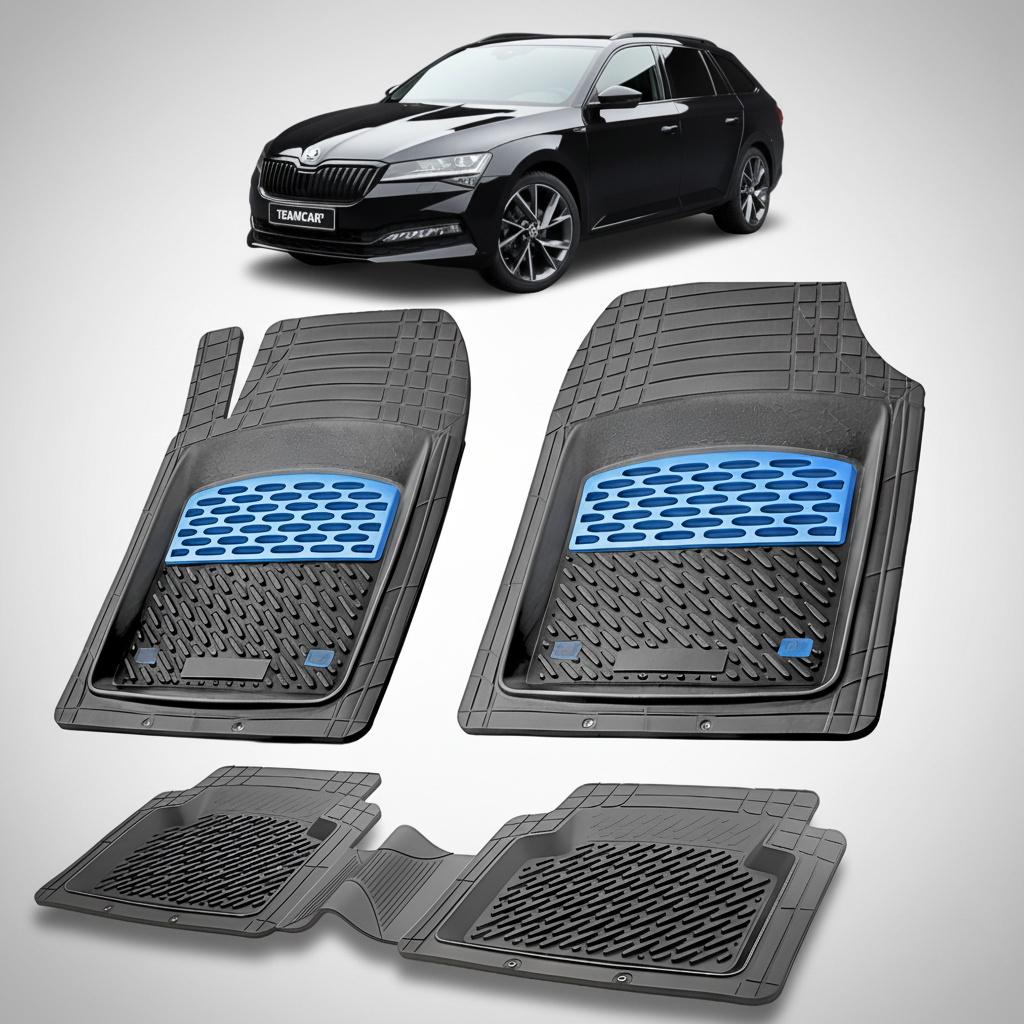 Set of car floor mats with a black car in the background