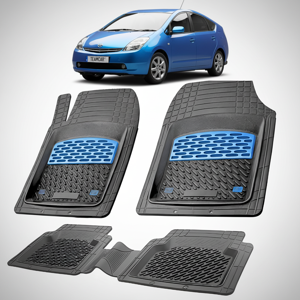 Set of car floor mats with blue accents on a white background, featuring a small inset of a blue car.