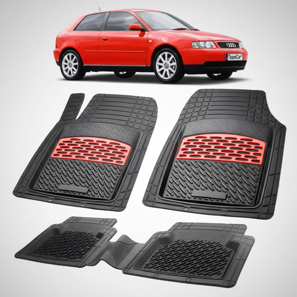 Set of black car floor mats with red accents on a white background, featuring an Audi car.
