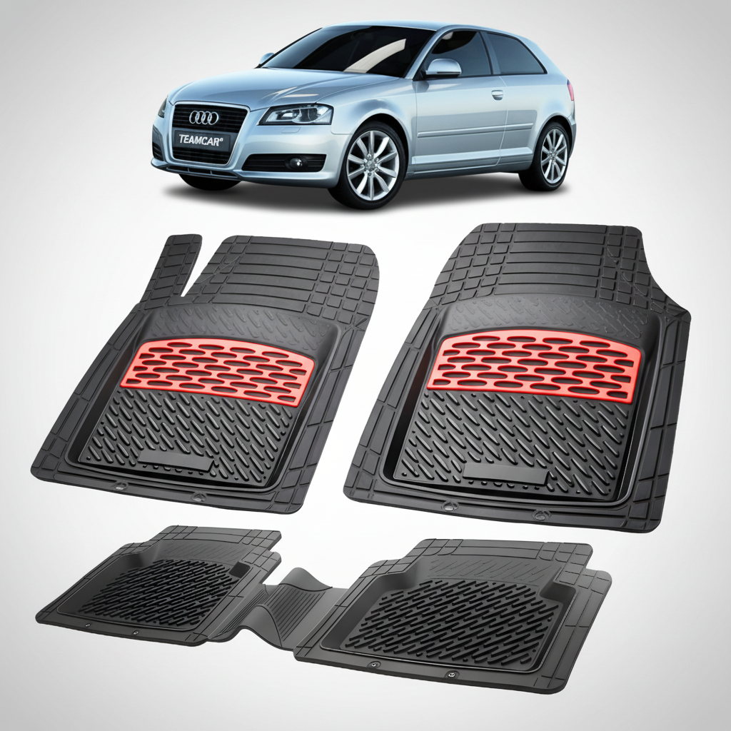 Set of car floor mats with red accents on a white background, featuring an Audi car.