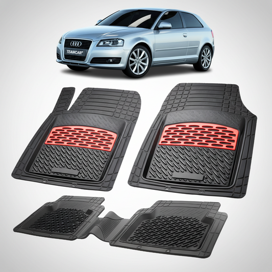 Set of car floor mats with red accents on a white background, featuring an Audi car.