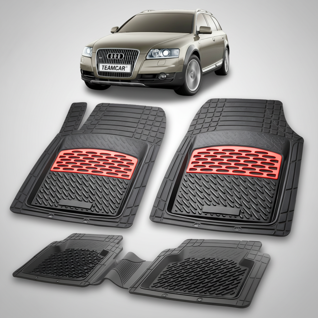 Set of black car floor mats with red accents in front of an Audi car.
