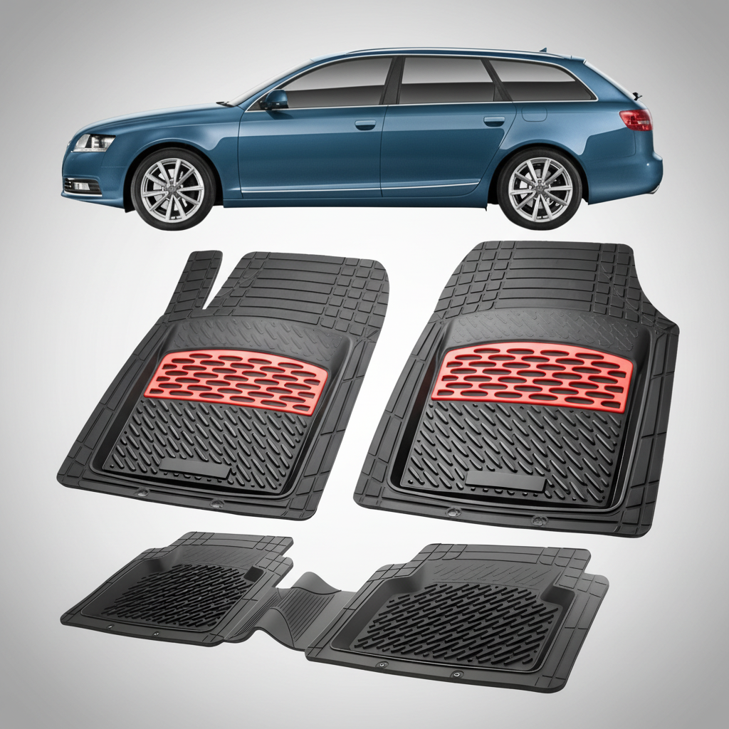 Set of car floor mats with red accents on a white background, shown with a blue car.