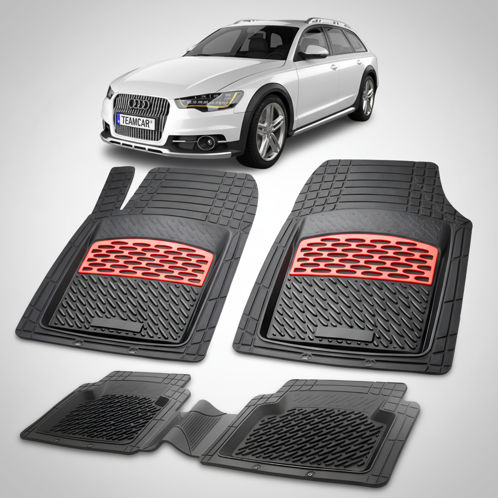 Set of black car mats with red accents on a white background, featuring an Audi car.