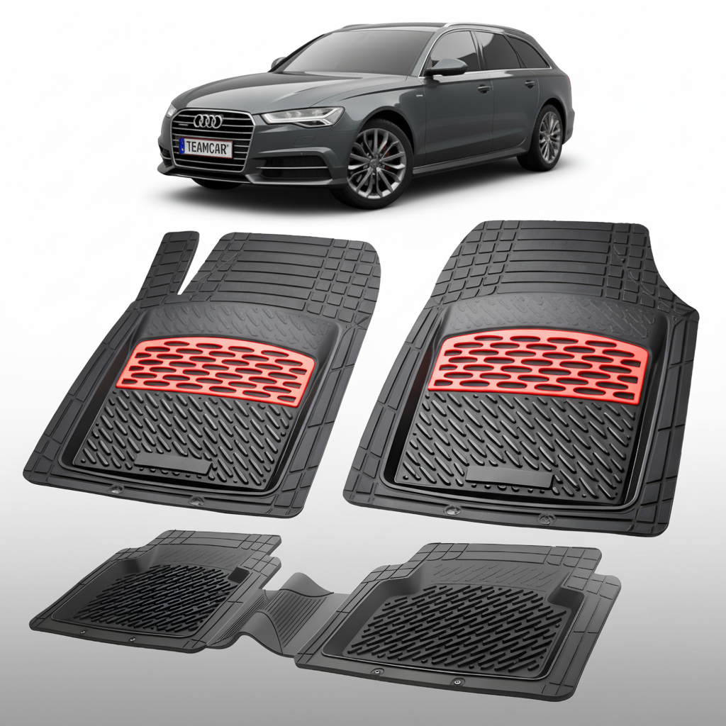Set of black car floor mats with red accents on a white background, featuring an Audi car.