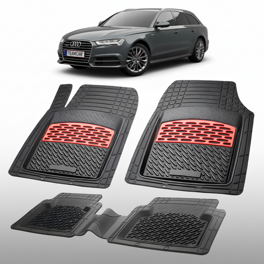 Set of black car floor mats with red accents on a white background, featuring an Audi car.