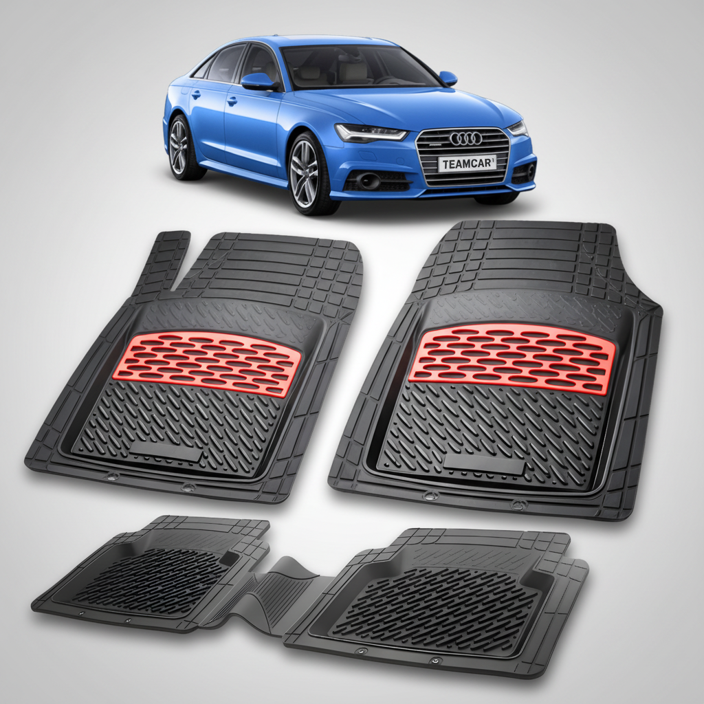 Set of black car floor mats with red accents on a white background, featuring a blue Audi car.