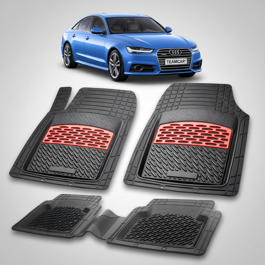 Set of black car floor mats with red accents on a white background, featuring a blue Audi car.