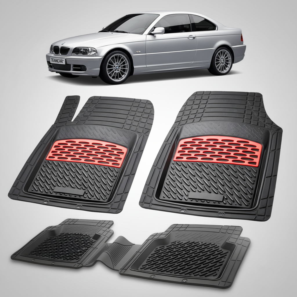 Set of car floor mats with red accents on a white background, featuring a BMW car.