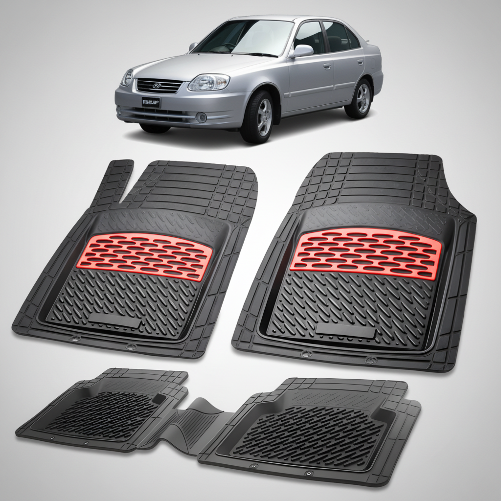 Set of black car floor mats with red accents on a white background, featuring a silver car.