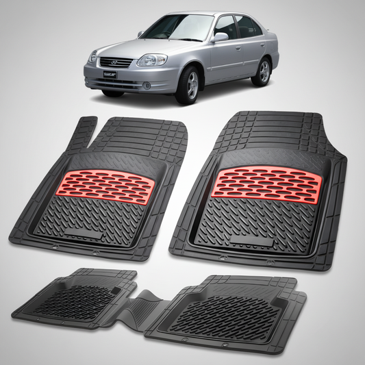 Set of black car floor mats with red accents on a white background, featuring a silver car.
