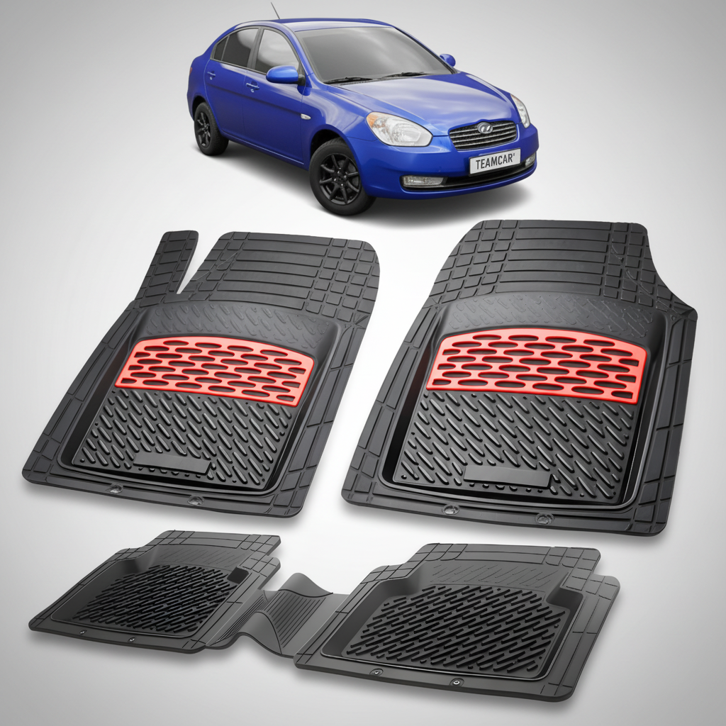 Set of black car floor mats with red accents on a white background, featuring a blue car.