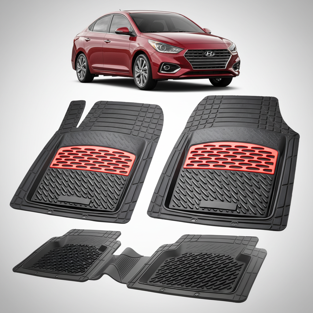 Set of black car floor mats with red accents on a white background, featuring a red car.