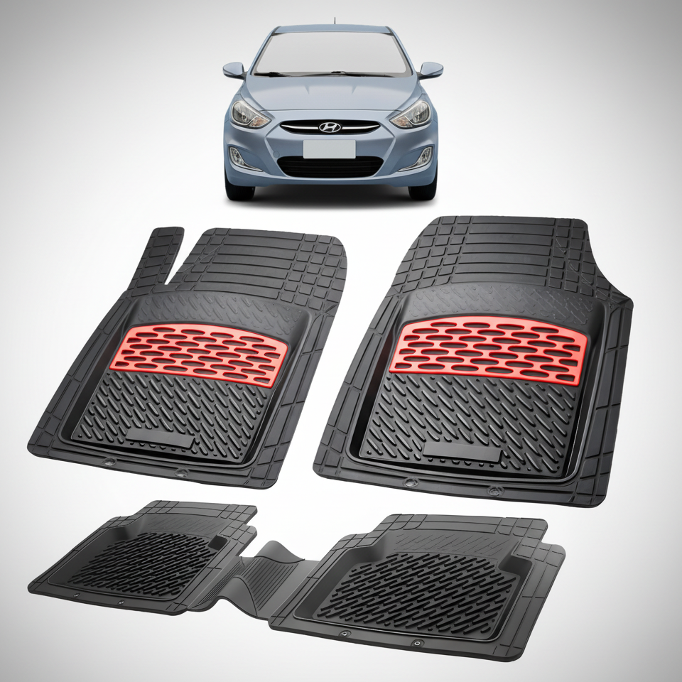 Set of black car floor mats with red accents on a white background, featuring a blue Hyundai car.