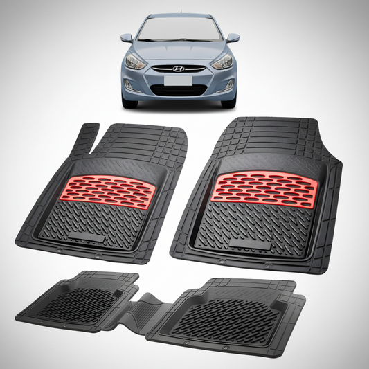 Set of black car floor mats with red accents on a white background, featuring a blue Hyundai car.