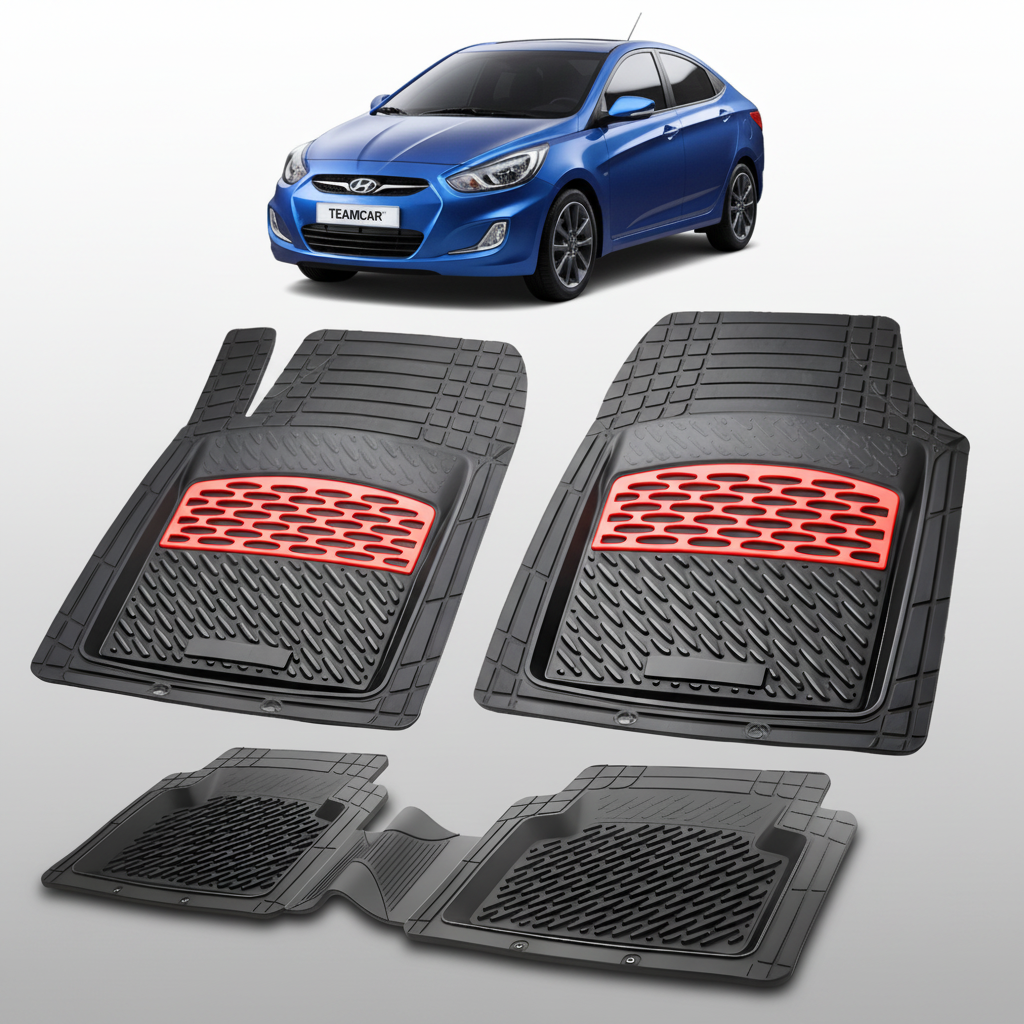 Set of black car floor mats with red accents on a white background, featuring a blue Hyundai car.
