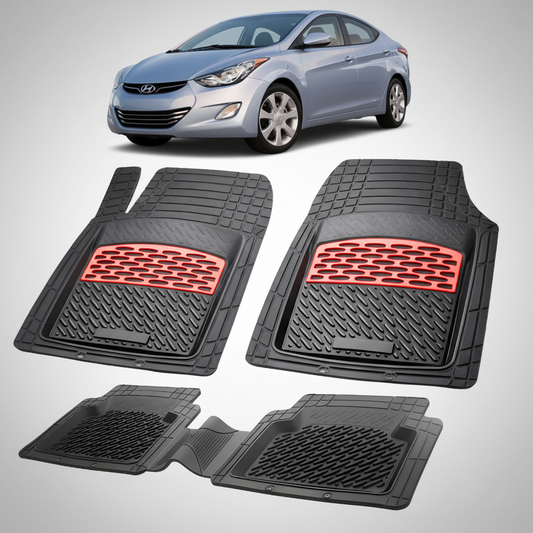 Set of car floor mats with red accents on a white background, featuring a Hyundai car.