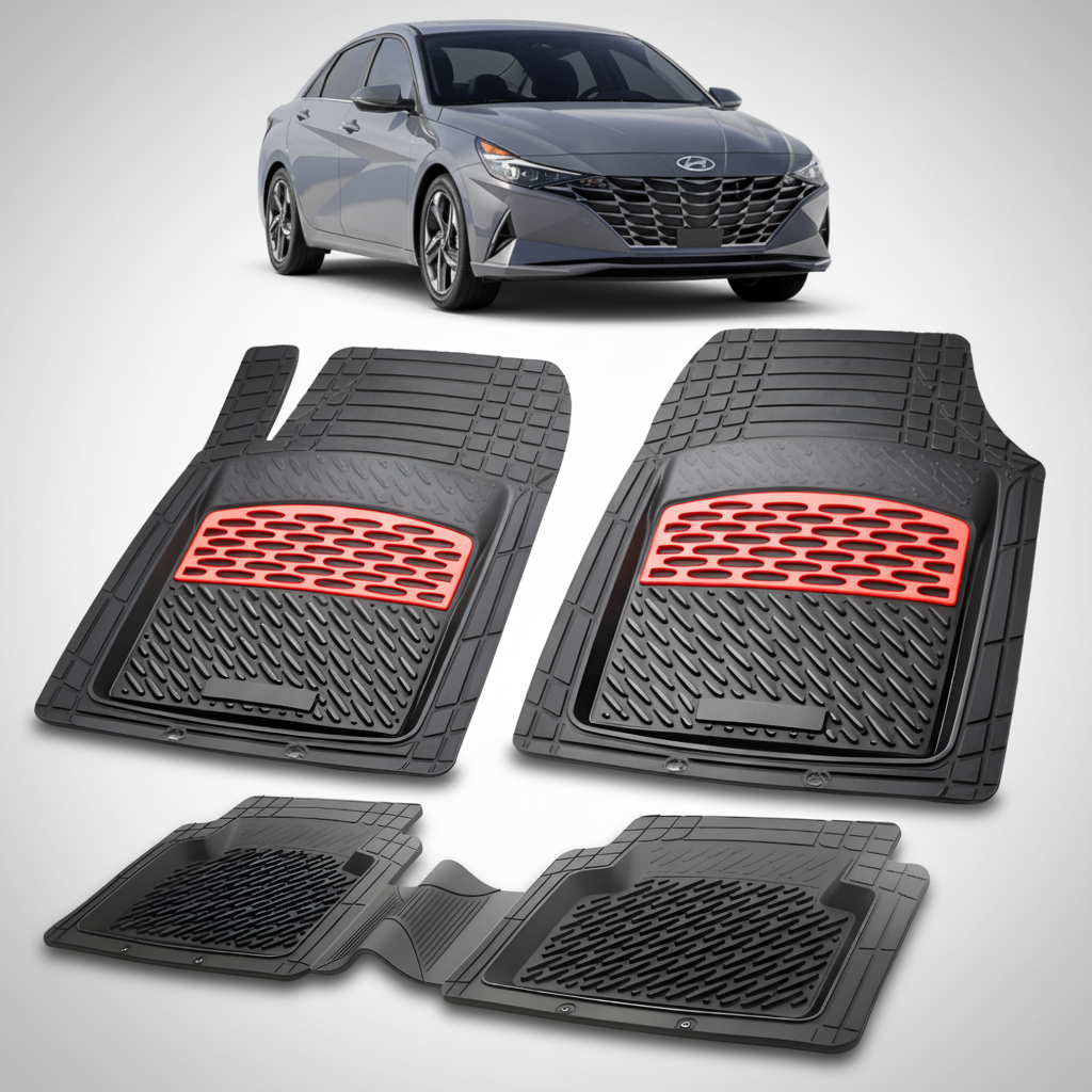 Set of car floor mats with red accents on a white background, featuring a Hyundai car.