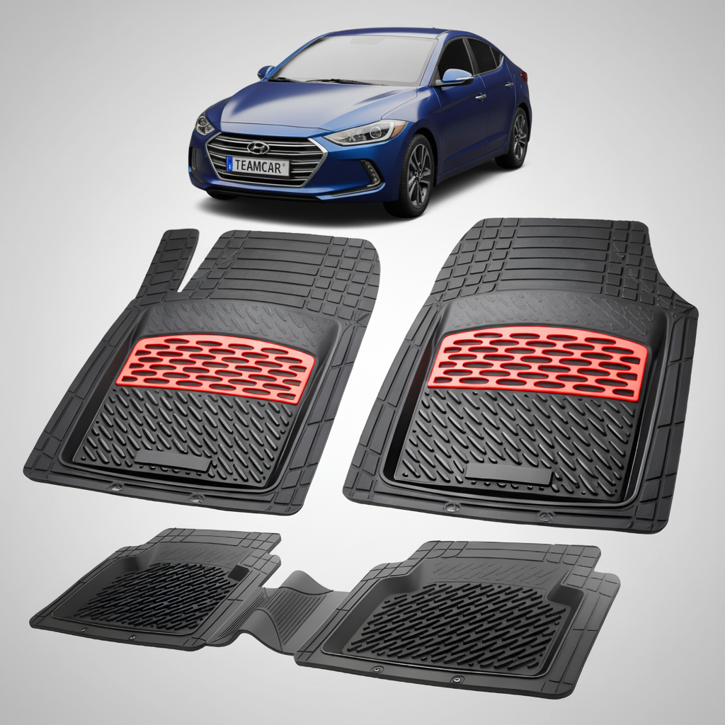 Set of black car floor mats with red accents on a white background, featuring a blue car.