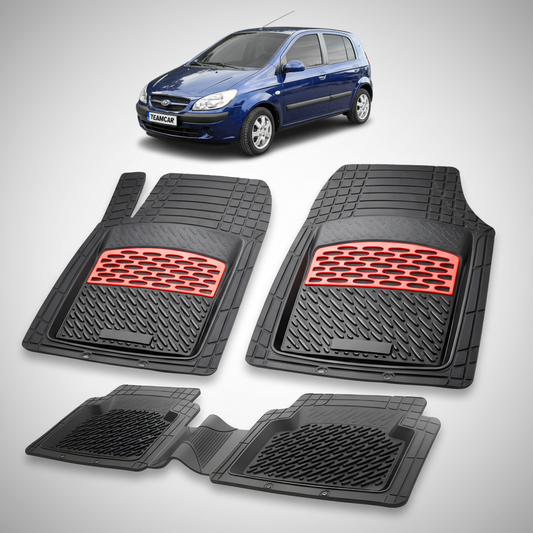 Set of black car floor mats with red accents on a white background, featuring a blue car.