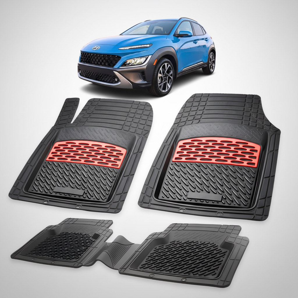 Set of black car floor mats with red accents on a white background, featuring a blue car.