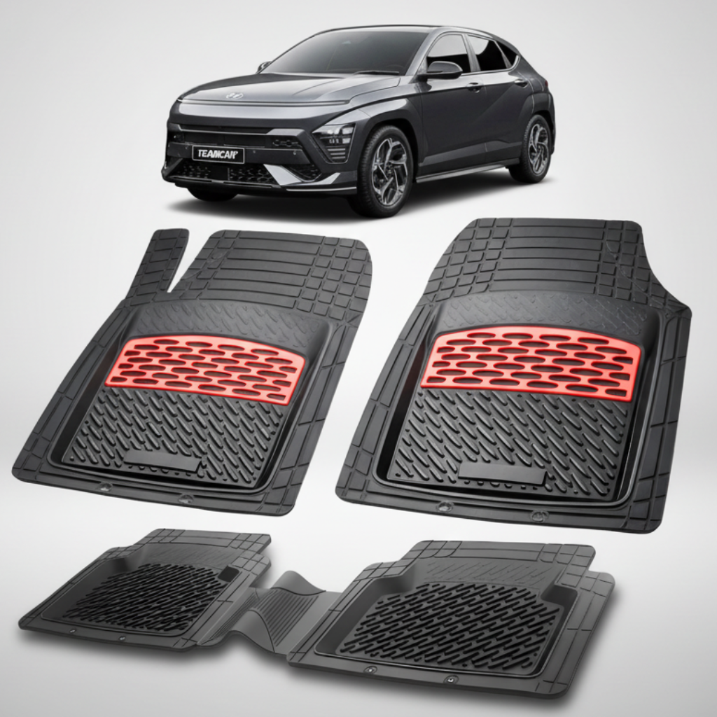 Set of black car floor mats with red accents on a white background, featuring a gray SUV.