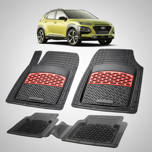 Set of black car floor mats with red accents on a white background, featuring a yellow Hyundai SUV.