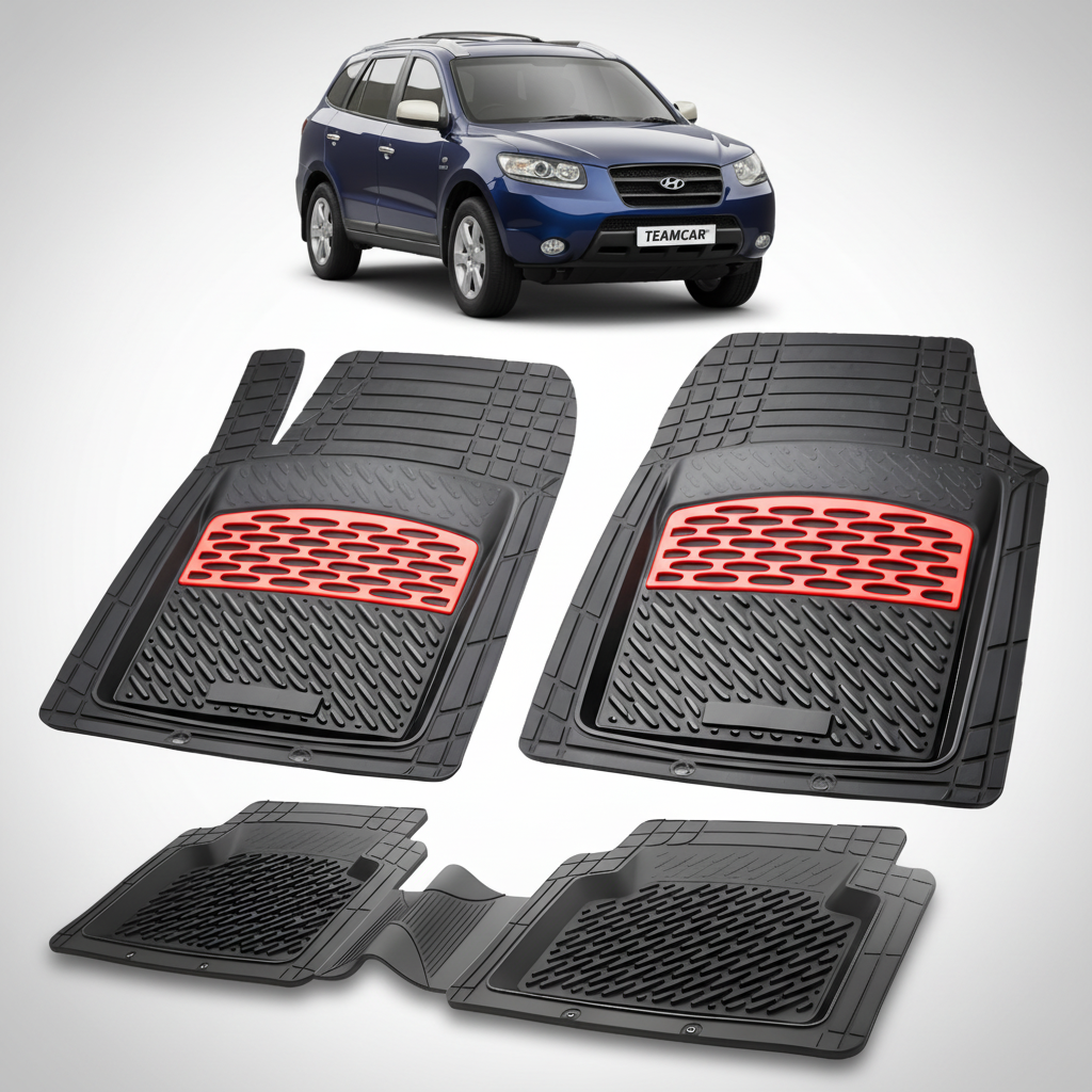 Set of car floor mats with red accents on a white background, featuring a blue Hyundai SUV.