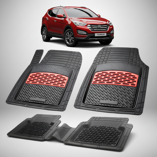 Set of black car floor mats with red accents on a white background, featuring a red Hyundai Santa Fe.