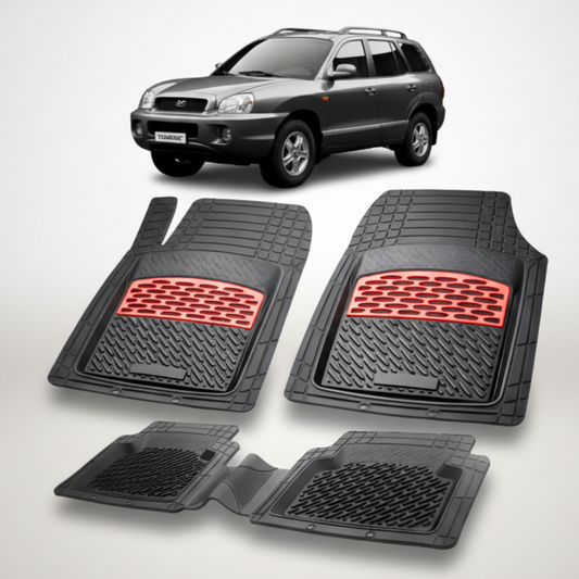 Set of black car floor mats with red accents on a white background, displayed in front of a gray SUV.