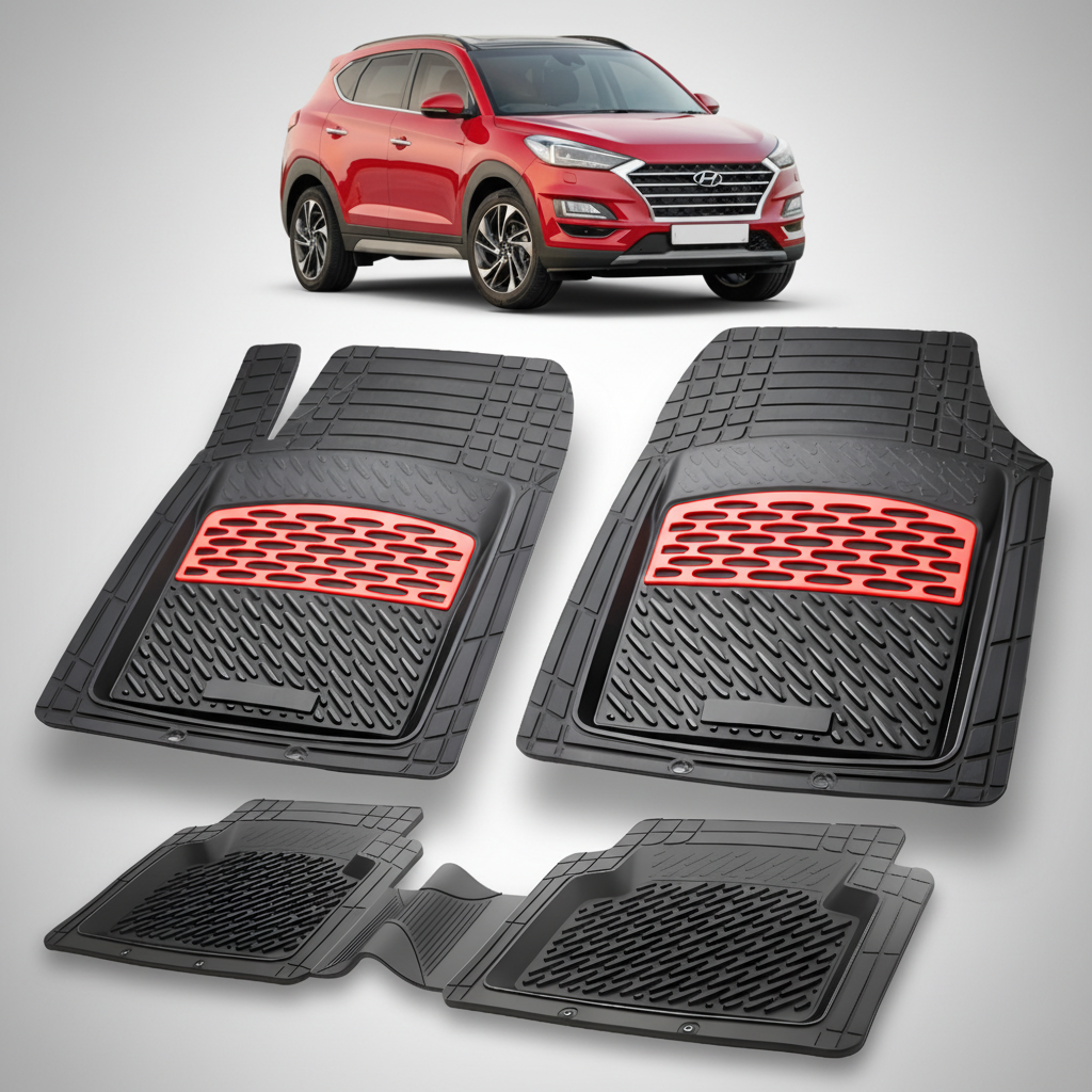 Set of black car floor mats with red accents on a white background, featuring a red Hyundai SUV.