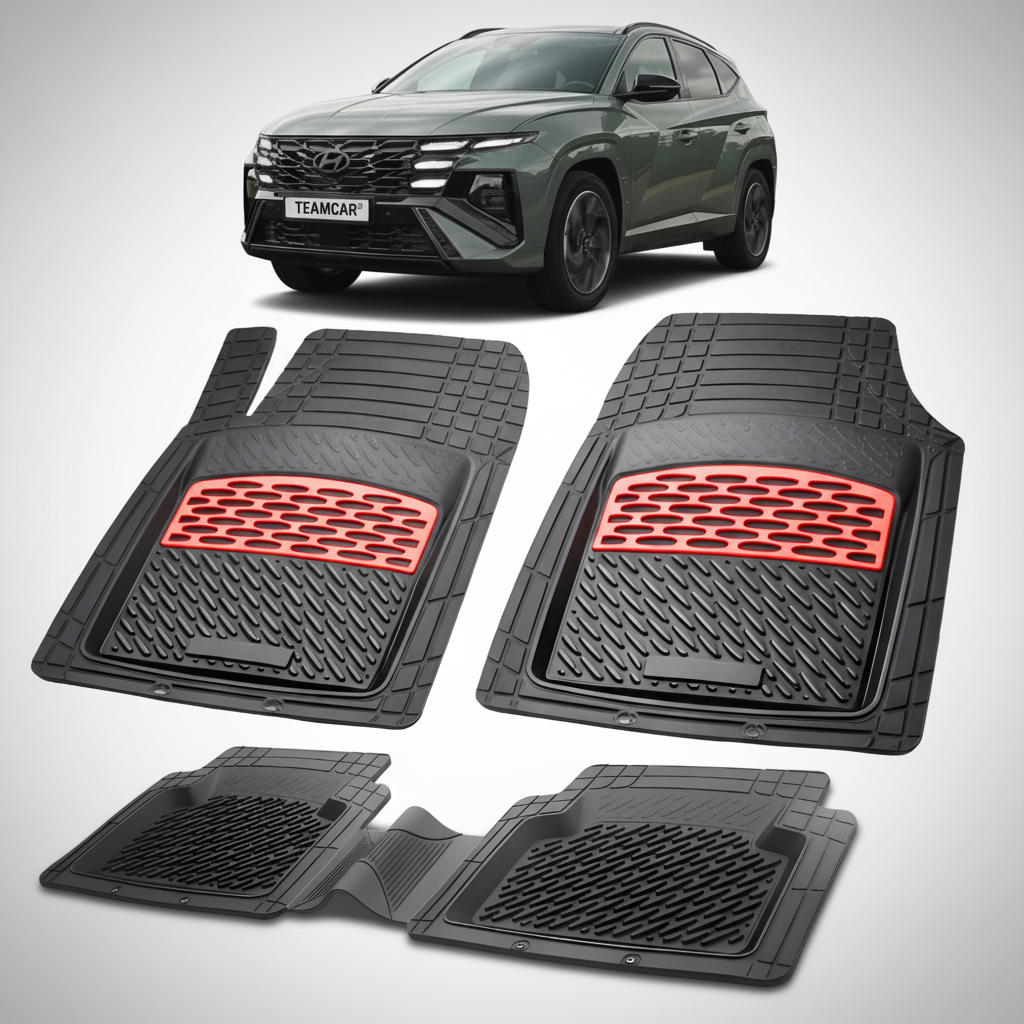 Set of car floor mats with red accents on a white background, featuring a Hyundai SUV.