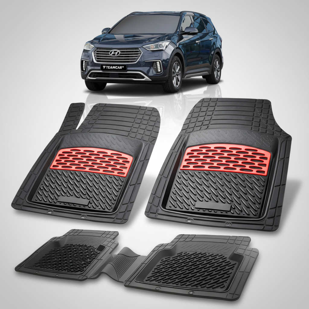 Set of black car floor mats with red accents on a white background, featuring a Hyundai vehicle.